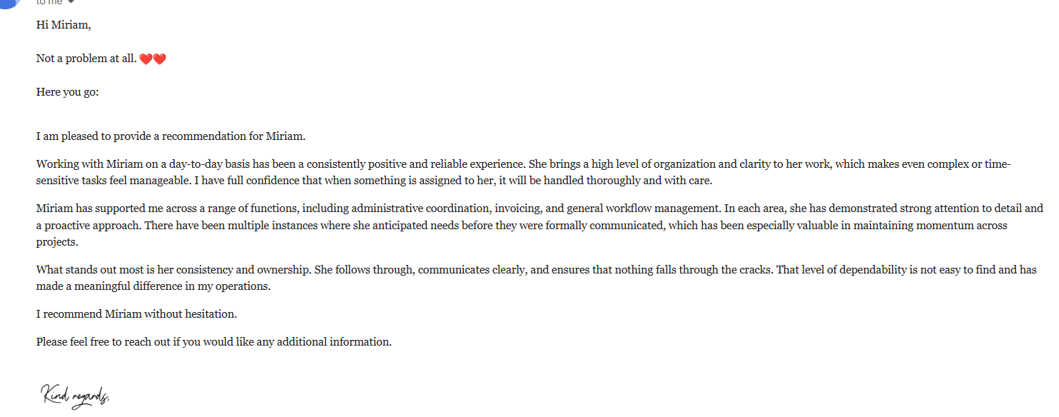 Written client recommendation for Miriam at JobSure VA