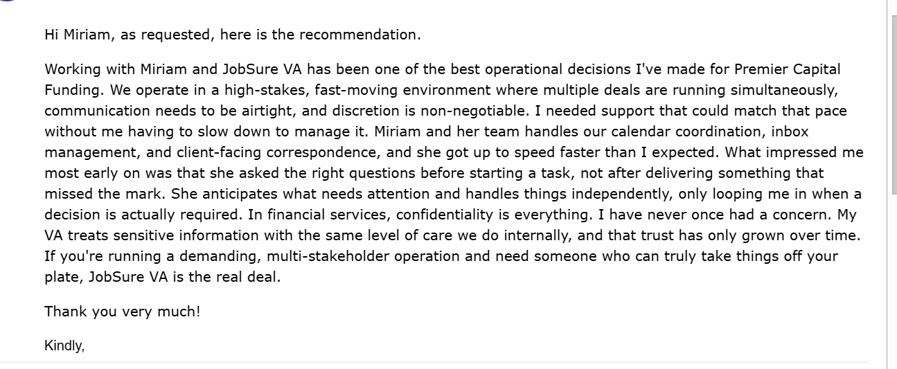 Screenshot of a written client testimonial from Premier Capital Funding about their experience with JobSure VA